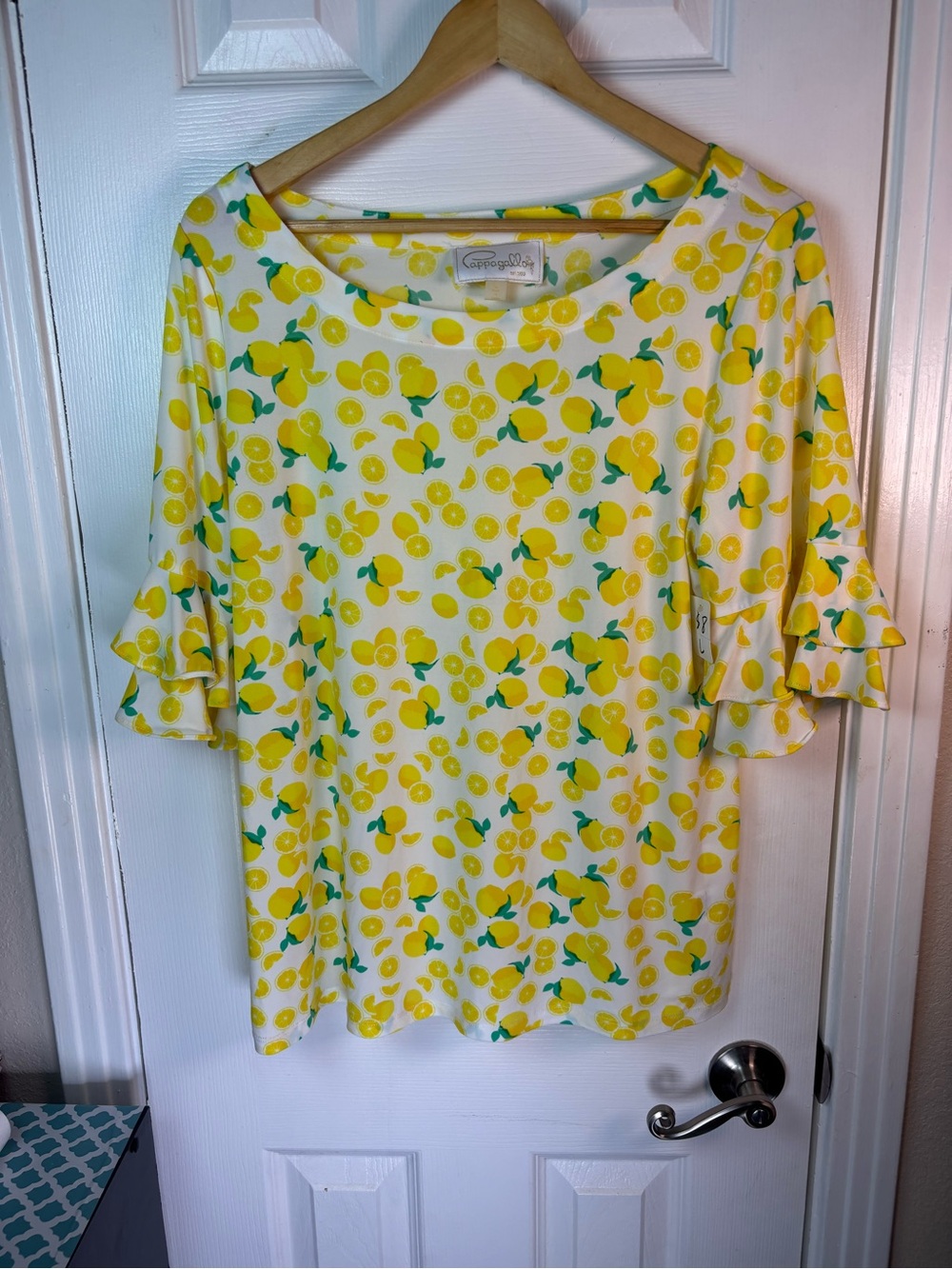 Kensie Yellow Lemon-Pattern Ruffle Sleeve Blouse - Picture 4 of 11